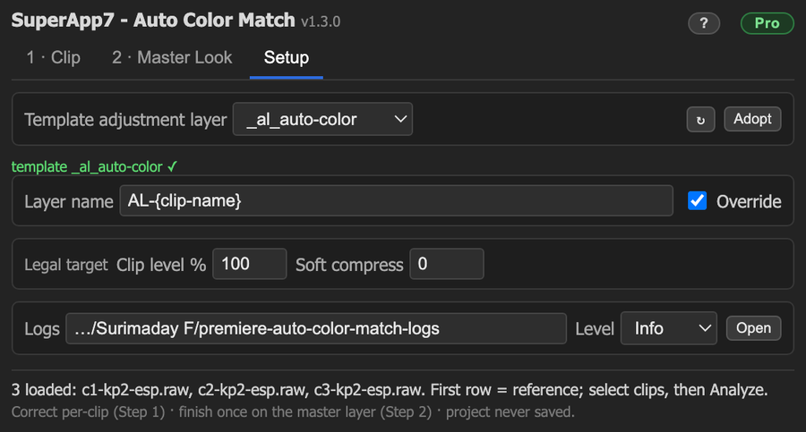 Auto Color Match setup tab